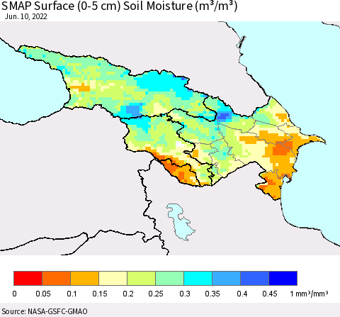 Azerbaijan, Armenia and Georgia SMAP Surface (0-5 cm) Soil Moisture (m³/m³) Thematic Map For 6/6/2022 - 6/10/2022