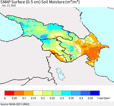 Azerbaijan, Armenia and Georgia SMAP Surface (0-5 cm) Soil Moisture (m³/m³) Thematic Map For 6/11/2022 - 6/15/2022