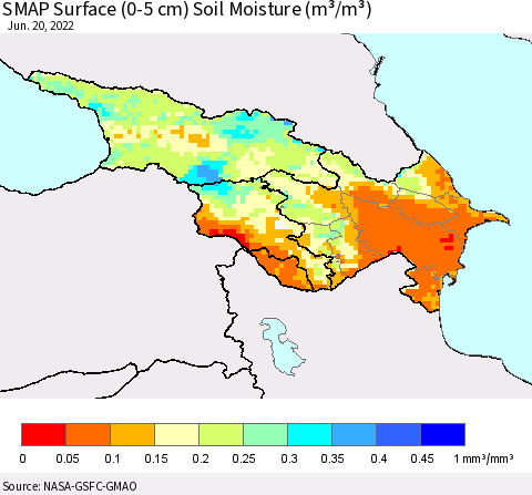 Azerbaijan, Armenia and Georgia SMAP Surface (0-5 cm) Soil Moisture (m³/m³) Thematic Map For 6/16/2022 - 6/20/2022