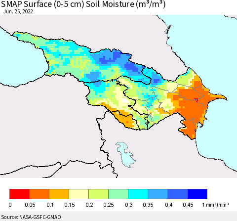 Azerbaijan, Armenia and Georgia SMAP Surface (0-5 cm) Soil Moisture (m³/m³) Thematic Map For 6/21/2022 - 6/25/2022