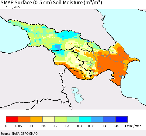Azerbaijan, Armenia and Georgia SMAP Surface (0-5 cm) Soil Moisture (m³/m³) Thematic Map For 6/26/2022 - 6/30/2022