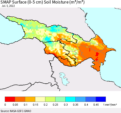 Azerbaijan, Armenia and Georgia SMAP Surface (0-5 cm) Soil Moisture (m³/m³) Thematic Map For 7/1/2022 - 7/5/2022