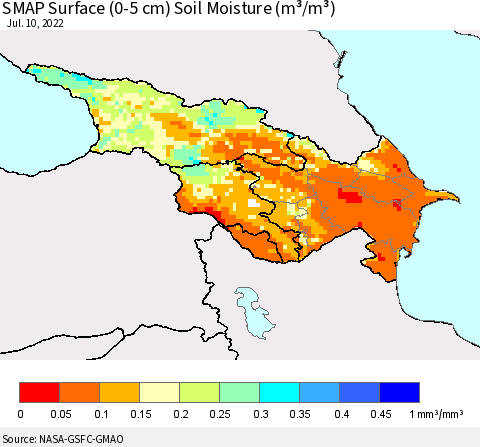 Azerbaijan, Armenia and Georgia SMAP Surface (0-5 cm) Soil Moisture (m³/m³) Thematic Map For 7/6/2022 - 7/10/2022