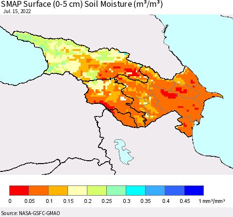 Azerbaijan, Armenia and Georgia SMAP Surface (0-5 cm) Soil Moisture (m³/m³) Thematic Map For 7/11/2022 - 7/15/2022