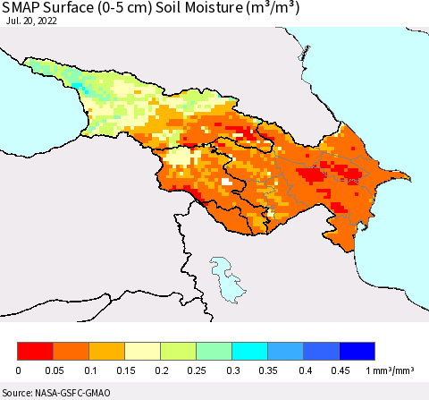 Azerbaijan, Armenia and Georgia SMAP Surface (0-5 cm) Soil Moisture (m³/m³) Thematic Map For 7/16/2022 - 7/20/2022
