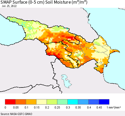 Azerbaijan, Armenia and Georgia SMAP Surface (0-5 cm) Soil Moisture (m³/m³) Thematic Map For 7/21/2022 - 7/25/2022