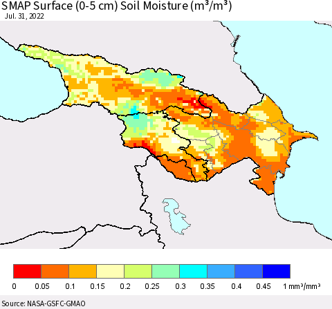 Azerbaijan, Armenia and Georgia SMAP Surface (0-5 cm) Soil Moisture (m³/m³) Thematic Map For 7/26/2022 - 7/31/2022