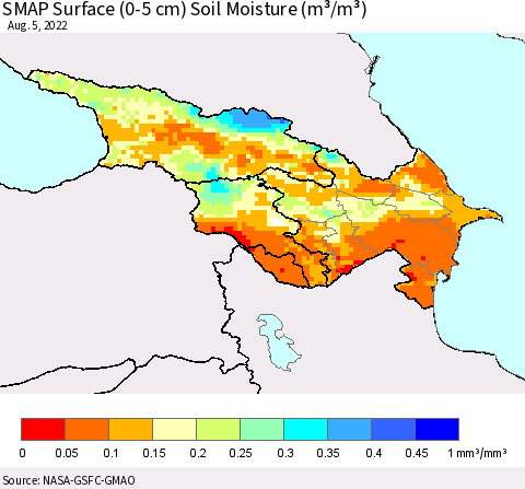 Azerbaijan, Armenia and Georgia SMAP Surface (0-5 cm) Soil Moisture (m³/m³) Thematic Map For 8/1/2022 - 8/5/2022