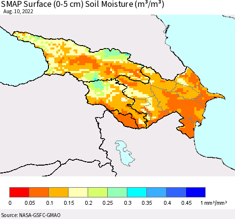 Azerbaijan, Armenia and Georgia SMAP Surface (0-5 cm) Soil Moisture (m³/m³) Thematic Map For 8/6/2022 - 8/10/2022