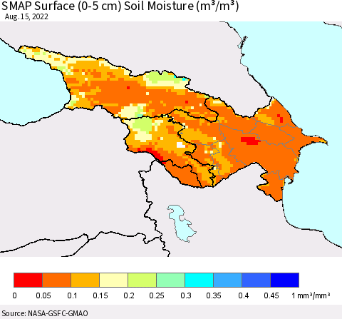Azerbaijan, Armenia and Georgia SMAP Surface (0-5 cm) Soil Moisture (m³/m³) Thematic Map For 8/11/2022 - 8/15/2022