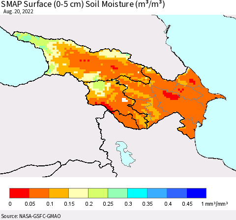 Azerbaijan, Armenia and Georgia SMAP Surface (0-5 cm) Soil Moisture (m³/m³) Thematic Map For 8/16/2022 - 8/20/2022