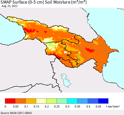 Azerbaijan, Armenia and Georgia SMAP Surface (0-5 cm) Soil Moisture (m³/m³) Thematic Map For 8/21/2022 - 8/25/2022