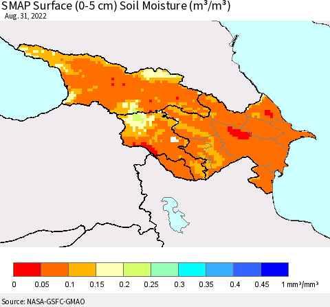 Azerbaijan, Armenia and Georgia SMAP Surface (0-5 cm) Soil Moisture (m³/m³) Thematic Map For 8/26/2022 - 8/31/2022