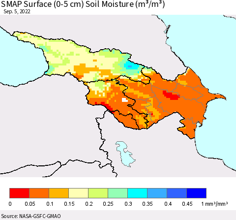 Azerbaijan, Armenia and Georgia SMAP Surface (0-5 cm) Soil Moisture (m³/m³) Thematic Map For 9/1/2022 - 9/5/2022