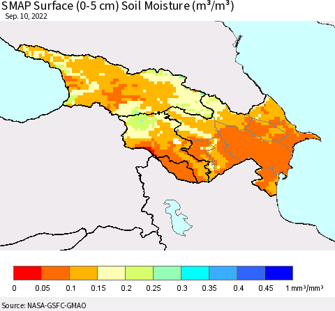 Azerbaijan, Armenia and Georgia SMAP Surface (0-5 cm) Soil Moisture (m³/m³) Thematic Map For 9/6/2022 - 9/10/2022