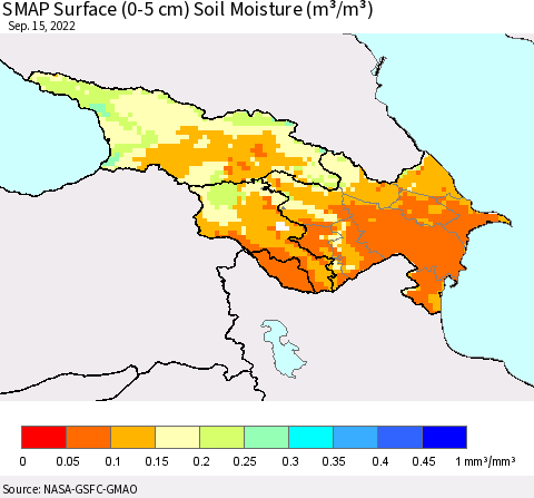 Azerbaijan, Armenia and Georgia SMAP Surface (0-5 cm) Soil Moisture (m³/m³) Thematic Map For 9/11/2022 - 9/15/2022