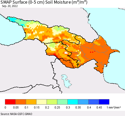 Azerbaijan, Armenia and Georgia SMAP Surface (0-5 cm) Soil Moisture (m³/m³) Thematic Map For 9/16/2022 - 9/20/2022