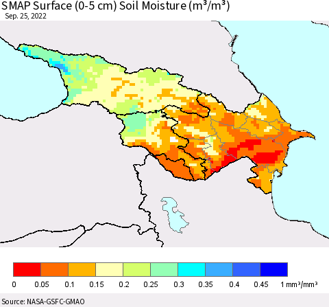 Azerbaijan, Armenia and Georgia SMAP Surface (0-5 cm) Soil Moisture (m³/m³) Thematic Map For 9/21/2022 - 9/25/2022