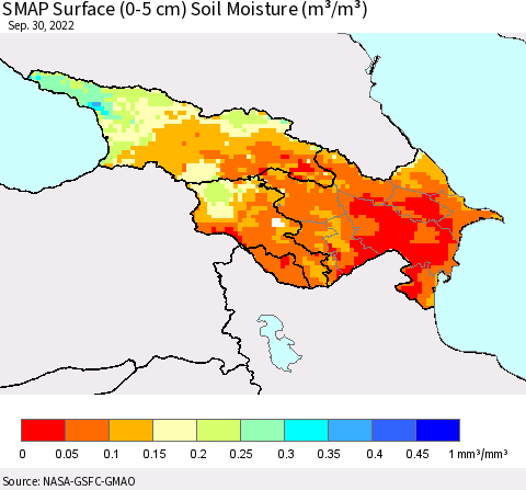 Azerbaijan, Armenia and Georgia SMAP Surface (0-5 cm) Soil Moisture (m³/m³) Thematic Map For 9/26/2022 - 9/30/2022