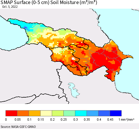 Azerbaijan, Armenia and Georgia SMAP Surface (0-5 cm) Soil Moisture (m³/m³) Thematic Map For 10/1/2022 - 10/5/2022