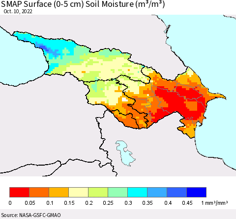 Azerbaijan, Armenia and Georgia SMAP Surface (0-5 cm) Soil Moisture (m³/m³) Thematic Map For 10/6/2022 - 10/10/2022