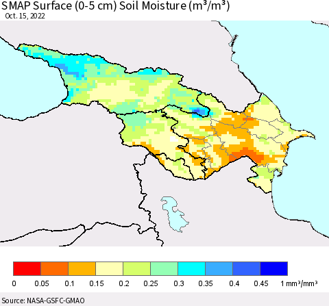 Azerbaijan, Armenia and Georgia SMAP Surface (0-5 cm) Soil Moisture (m³/m³) Thematic Map For 10/11/2022 - 10/15/2022