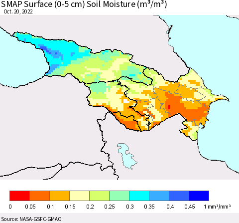 Azerbaijan, Armenia and Georgia SMAP Surface (0-5 cm) Soil Moisture (m³/m³) Thematic Map For 10/16/2022 - 10/20/2022