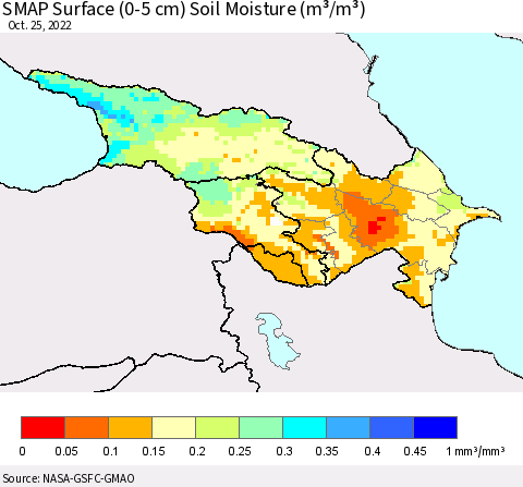 Azerbaijan, Armenia and Georgia SMAP Surface (0-5 cm) Soil Moisture (m³/m³) Thematic Map For 10/21/2022 - 10/25/2022