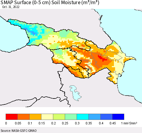 Azerbaijan, Armenia and Georgia SMAP Surface (0-5 cm) Soil Moisture (m³/m³) Thematic Map For 10/26/2022 - 10/31/2022