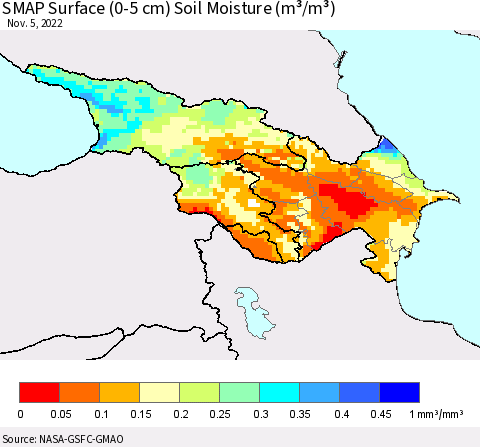 Azerbaijan, Armenia and Georgia SMAP Surface (0-5 cm) Soil Moisture (m³/m³) Thematic Map For 11/1/2022 - 11/5/2022