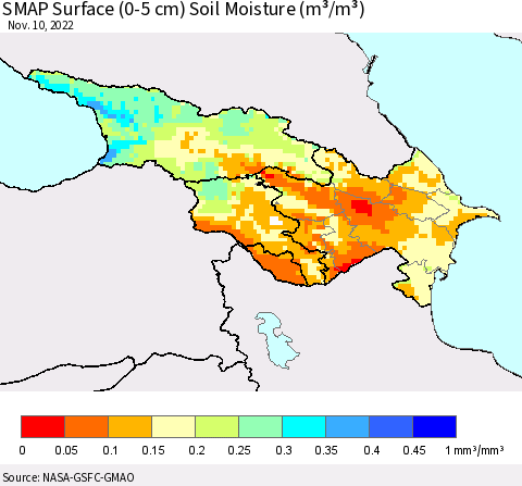 Azerbaijan, Armenia and Georgia SMAP Surface (0-5 cm) Soil Moisture (m³/m³) Thematic Map For 11/6/2022 - 11/10/2022