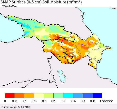 Azerbaijan, Armenia and Georgia SMAP Surface (0-5 cm) Soil Moisture (m³/m³) Thematic Map For 11/11/2022 - 11/15/2022