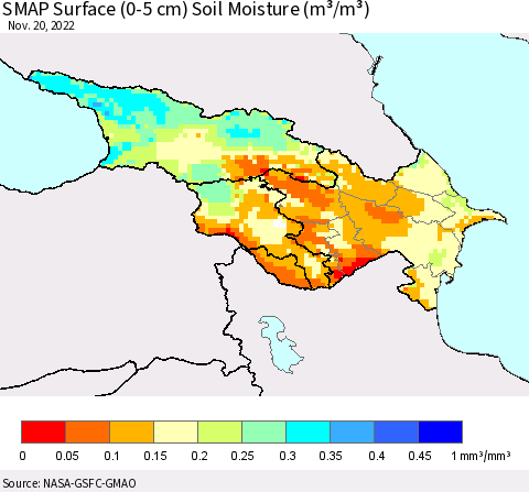 Azerbaijan, Armenia and Georgia SMAP Surface (0-5 cm) Soil Moisture (m³/m³) Thematic Map For 11/16/2022 - 11/20/2022