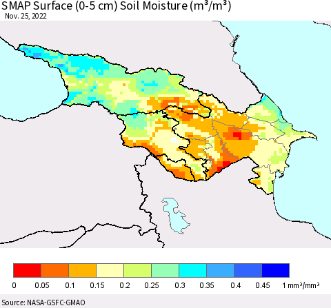 Azerbaijan, Armenia and Georgia SMAP Surface (0-5 cm) Soil Moisture (m³/m³) Thematic Map For 11/21/2022 - 11/25/2022