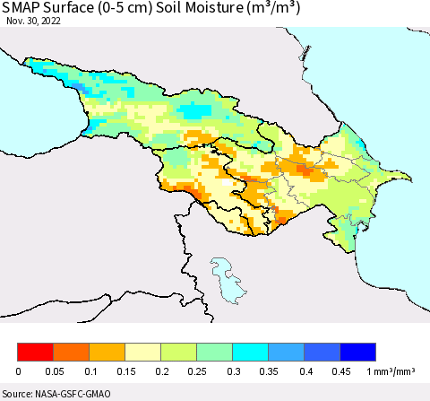 Azerbaijan, Armenia and Georgia SMAP Surface (0-5 cm) Soil Moisture (m³/m³) Thematic Map For 11/26/2022 - 11/30/2022