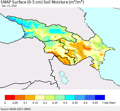 Azerbaijan, Armenia and Georgia SMAP Surface (0-5 cm) Soil Moisture (m³/m³) Thematic Map For 12/11/2022 - 12/15/2022