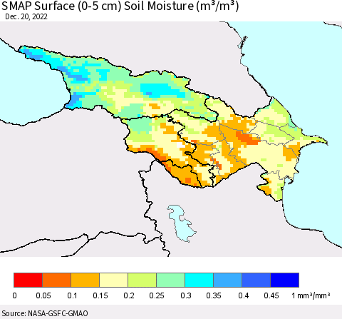 Azerbaijan, Armenia and Georgia SMAP Surface (0-5 cm) Soil Moisture (m³/m³) Thematic Map For 12/16/2022 - 12/20/2022