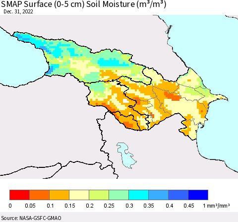Azerbaijan, Armenia and Georgia SMAP Surface (0-5 cm) Soil Moisture (m³/m³) Thematic Map For 12/26/2022 - 12/31/2022