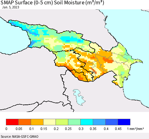 Azerbaijan, Armenia and Georgia SMAP Surface (0-5 cm) Soil Moisture (m³/m³) Thematic Map For 1/1/2023 - 1/5/2023