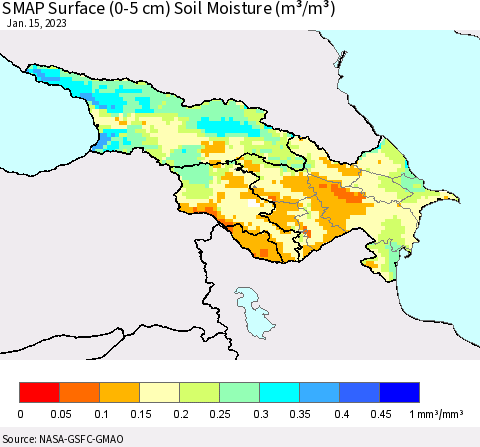Azerbaijan, Armenia and Georgia SMAP Surface (0-5 cm) Soil Moisture (m³/m³) Thematic Map For 1/11/2023 - 1/15/2023