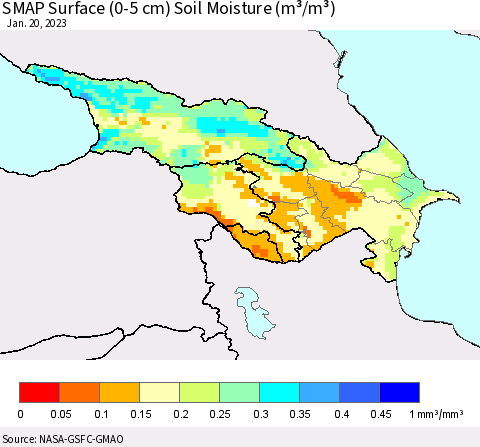 Azerbaijan, Armenia and Georgia SMAP Surface (0-5 cm) Soil Moisture (m³/m³) Thematic Map For 1/16/2023 - 1/20/2023