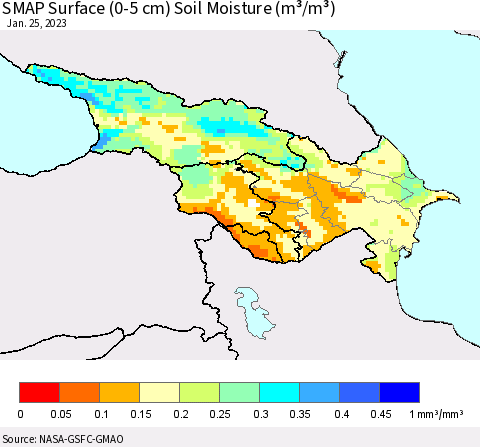 Azerbaijan, Armenia and Georgia SMAP Surface (0-5 cm) Soil Moisture (m³/m³) Thematic Map For 1/21/2023 - 1/25/2023