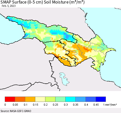 Azerbaijan, Armenia and Georgia SMAP Surface (0-5 cm) Soil Moisture (m³/m³) Thematic Map For 2/1/2023 - 2/5/2023
