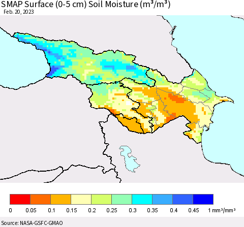 Azerbaijan, Armenia and Georgia SMAP Surface (0-5 cm) Soil Moisture (m³/m³) Thematic Map For 2/16/2023 - 2/20/2023