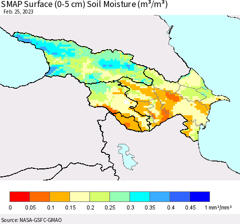 Azerbaijan, Armenia and Georgia SMAP Surface (0-5 cm) Soil Moisture (m³/m³) Thematic Map For 2/21/2023 - 2/25/2023