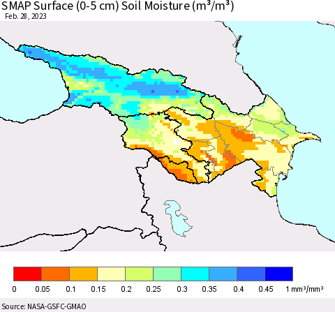 Azerbaijan, Armenia and Georgia SMAP Surface (0-5 cm) Soil Moisture (m³/m³) Thematic Map For 2/26/2023 - 2/28/2023