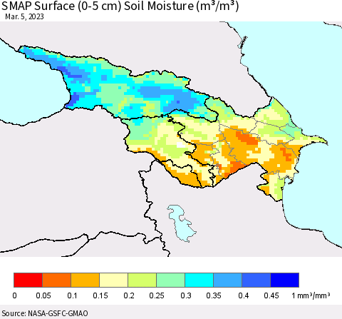 Azerbaijan, Armenia and Georgia SMAP Surface (0-5 cm) Soil Moisture (m³/m³) Thematic Map For 3/1/2023 - 3/5/2023