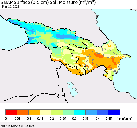 Azerbaijan, Armenia and Georgia SMAP Surface (0-5 cm) Soil Moisture (m³/m³) Thematic Map For 3/6/2023 - 3/10/2023