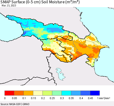 Azerbaijan, Armenia and Georgia SMAP Surface (0-5 cm) Soil Moisture (m³/m³) Thematic Map For 3/11/2023 - 3/15/2023