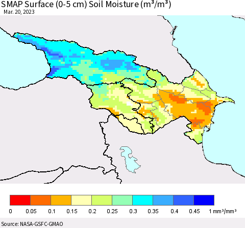Azerbaijan, Armenia and Georgia SMAP Surface (0-5 cm) Soil Moisture (m³/m³) Thematic Map For 3/16/2023 - 3/20/2023